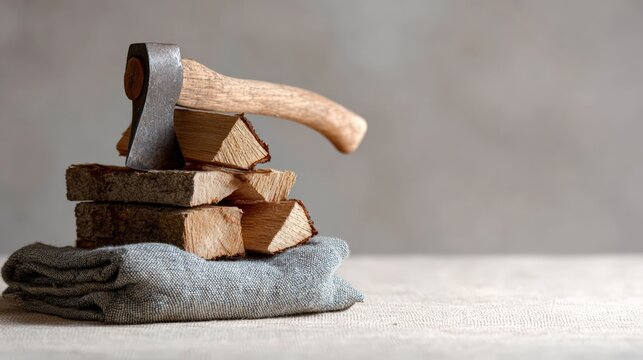 Axe is resting on a pile of firewood on top of a gray cloth, suggesting preparations for a bonfire at a campground, evoking feelings of warmth, community, and outdoor adventure