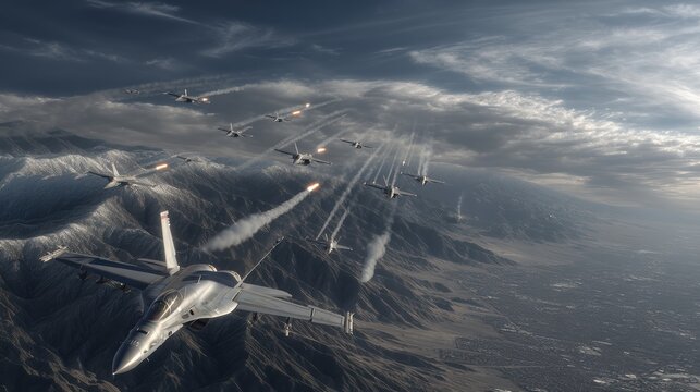 A squadron of fighter jets flies over rugged mountains, releasing flares and missiles under dramatic, cloudy skies - Powered by Adobe