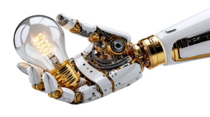 Illuminating Innovation: A robotic hand delicately cradles a glowing light bulb, symbolizing the spark of an idea and innovation. The intricate detail showcases the blend of technology and creativity.