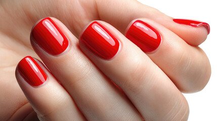 Vibrant Red Nail Art: Close-up of a manicured hand displaying flawless red nail polish, highlighting elegance and meticulous care.