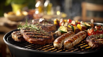 A grilling scene features sausages steaks and vegetable skewers on a round barbecue with smoke and outdoor ambiance