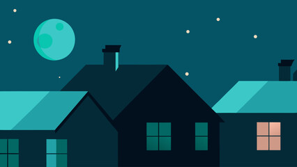 Naklejka premium rooftops under teal night sky two moons overhead