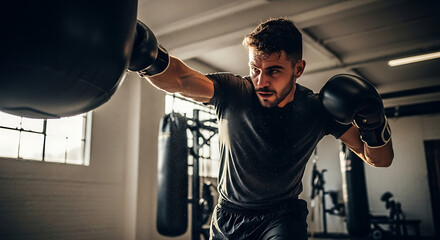 Focused man in boxing gloves delivers a powerful punch to a heavy bag in a gym.