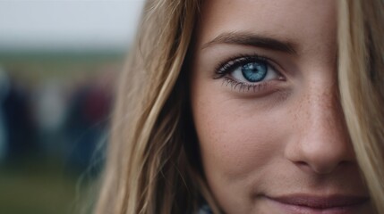 Blonde woman showing half face and blue eye is smiling outdoors