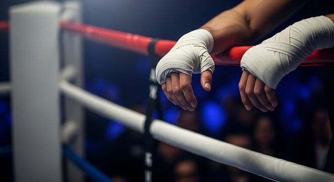 A boxer's hands resting on the boxing ring ropes, anticipation before a fight.