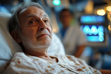 Supportive doctor soothing a worried senior patient, discussing test results in an emergency room, offering compassionate emotional support during a stressful time, Generative AI