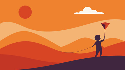 child flying kite under orange sunset