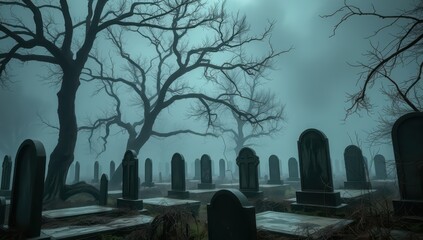 Spooky graveyard scene with tombstones and bare trees in fog halloween background
