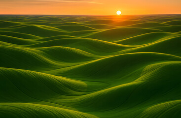 Golden Green Rolling Hills Abstract Landscape at Sunset