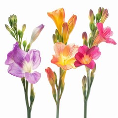 Fototapeta premium Color freesia flowers isolated, freesia buds set, blossoms collection on white background