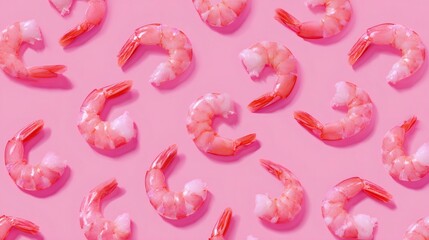 Cooked shrimps forming a pattern on pink background