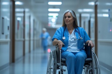 Tired nurse waiting with a senior patient in a wheelchair in a hospital corridor, showing the dedication and care provided by healthcare professionals, Generative AI
