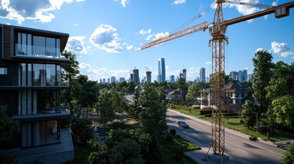 Modern building architecture with city skyline and construction crane on a sunny day