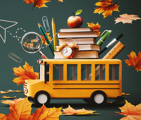 School bus arriving with school accessories and books. Ready for school concept background 3D Rendering, 3D Illustration