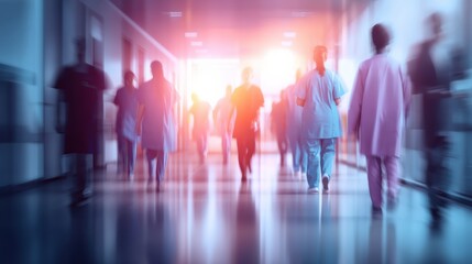 Medical professionals and staff walk through a brightly lit hospital corridor, creating a sense of urgency and activity