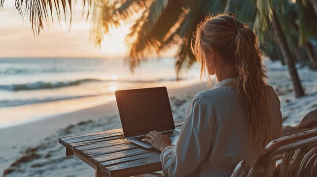 Remote work on tropical beach during vacation - Powered by Adobe