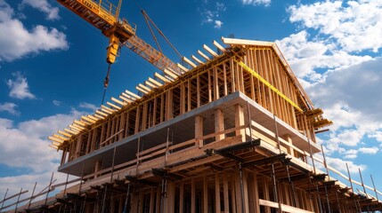 Construction site with crane and wooden building frame under blue sky and clouds