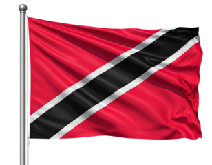 Waving Trinidad and Tobago Flag with Diagonal Black and White Stripe, Side View, Isolated PNG.