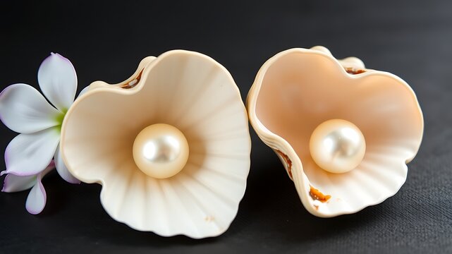 Two pearls within open seashells adorned with a delicate white tropical flower on black surface - Powered by Adobe