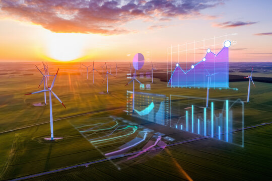 Wind turbines at sunset with data visualization overlay showing energy production and efficiency metrics