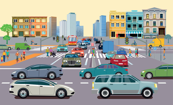 
Stadtsilhouette einer  Stadt mit Menschen und Autos im Verkehrsstau, Illustration