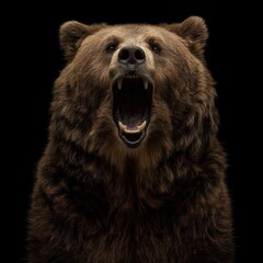 Fototapeta premium A roaring brown bear shows its teeth against a black background, displaying power and intensity