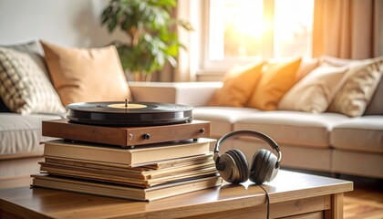 Cozy Living Room with Vinyl Record Player and Headphones on Table