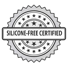 Obraz premium Black and white graphic illustration of a silicone-free certified badge, featuring a starburst design and bold text, conveying trustworthiness and product purity.
