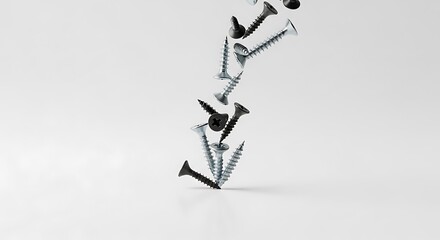 Black and silver screws and nails falling in slow motion against a white background.