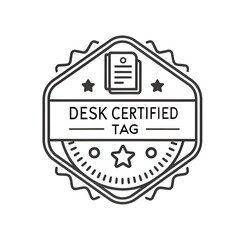 Obraz premium Modern minimalist black and white Desk Certified tag icon; professional, clean design; perfect for business branding and website use.