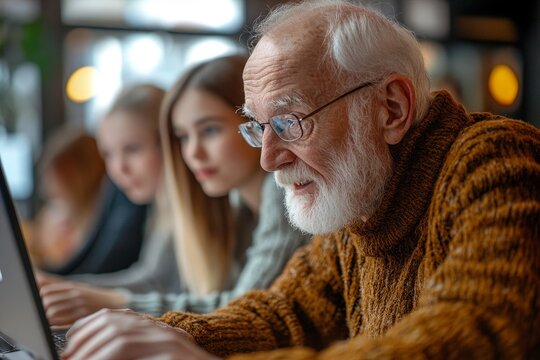 Senior group in a retirement home with a young instructor learning together in a computer class, emphasizing the importance of digital literacy and lifelong learning, Generative AI