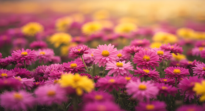 A field of vibrant pink and yellow chrysanthemums in full bloom under golden sunlight
