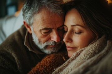 Close-up of a mid-adult couple  in bed at night, hugging and looking at each other lovingly, capturing an intimate and affectionate moment in a quiet home environment, Generative AI