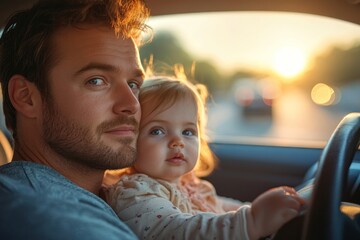 Unrecognizable man driving with a baby girl, capturing the calmness and closeness of a father-daughter moment on the road, Generative AI