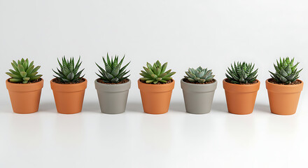 Obraz premium Six small succulents in terracotta and gray pots arranged in a row on a white background.
