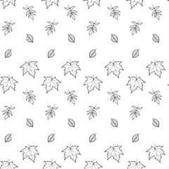 Seamless Autumn Leaf Pattern – Outline Vector Design. Minimalist seamless pattern with maple, ash, and elm leaves in black outline style. Repeating autumn design. 