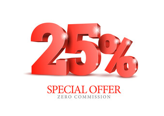 25 percent number. Twenty five number in red 3d. Poster template for discount, sale discount, work progress. Vector illustration