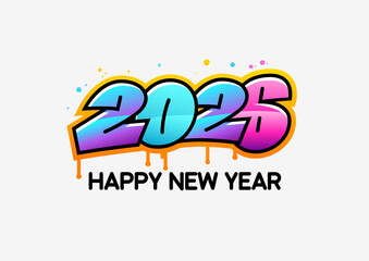 Composition with the inscription 2026 surrounded by various colored spray paint spots. Design in bright colors in graffiti style on a white background. Design for celebrating New Year 2026. Vector