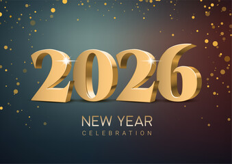 Elegant design of golden 3d lettering 2026 on dark background. Fairytale style illustration with golden sparkling confetti background. New Year 2026 celebrations. Vector illustration