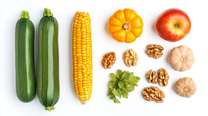Fresh vegetables fruits nuts and herbs arranged on white background healthy eating concept