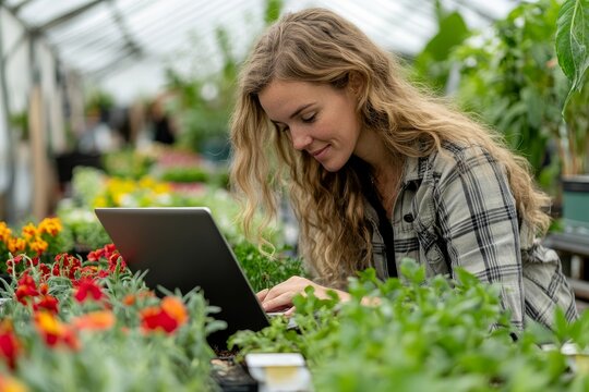 Female business owner and gardener reviewing an order on a laptop, preparing flowers and seedlings for a customer at a small greenhouse business. The scene represents entrepreneurship, Generative AI - Powered by Adobe