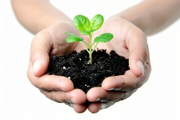 Plant in hands isolated, young sprout, new plant growing in soil, organic farming, environment care, earth day
