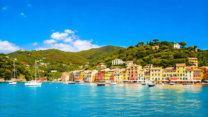 Colorful Mediterranean Coastal Village with Boats and Hills under Blue Sky