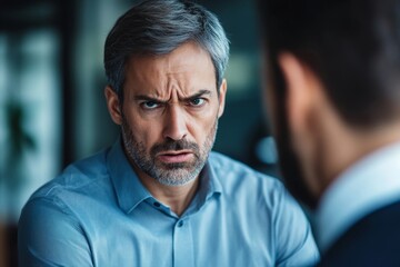 Mature man abusing his younger colleague, representing workplace . This image draws attention to the importance of respect, equality, and professionalism in work environments, Generative AI