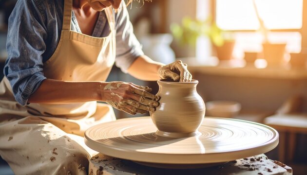 Artisan working on a clay pot on a pottery wheel in a sunlit studio