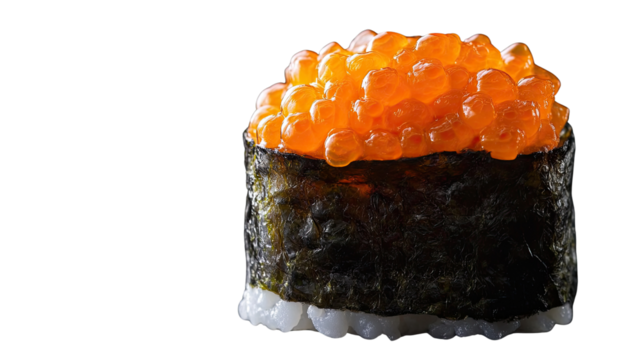 A single piece of gunkan maki sushi topped with vibrant ingredients isolated on white background