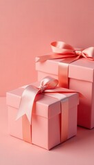 Fototapeta premium Close-up of two blush coral gift boxes, stylish craft paper , coral, stylish, closeup
