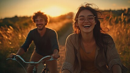 Young couple riding vintage bicycles along sunlit dirt path at golden hour