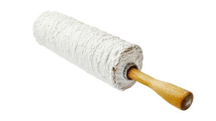 A white paint roller with a wooden handle for painting and decorating isolated on white background