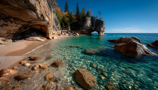 Lake Superior coastline with tranquil beach scene, light brown rocks, dark brown cliffs, clear blue ocean. Scenic landscape of Pictured Rocks National Lakeshore in Michigan. Few people on shoreline